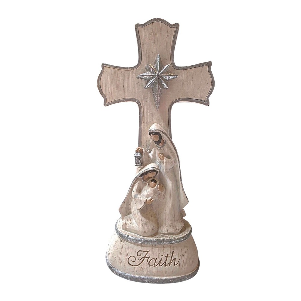 Faith Nativity Cross Figurine Holy Family Christmas‎ Decor Light Up Cream Silver